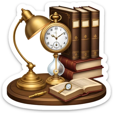 Icon for Antiques Collecting: a vintage pocket watch, an old ornate lamp, and a porcelain figurine, all placed on a wooden table surrounded by aged books and a magnifying glass. The icon should evoke the elegance and history of antique collecting. Transparent background. sticker