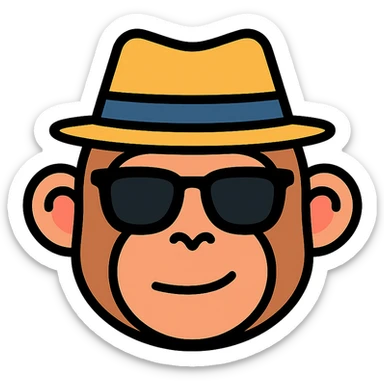 monkey wearing a fedora hat and sunglasses, icon style, clean lines, simple shapes, minimal color, modern look sticker