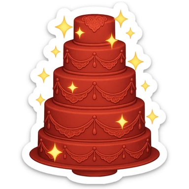 Add a sparkle effect to the elegant red wedding cake with lace details. Keep the background transparent. The style should resemble emoji style with bright colors and simple shapes. sticker
