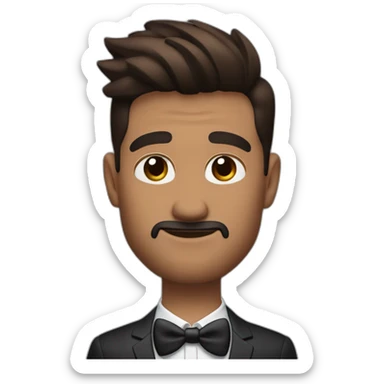 Quiff, 5'o clock shadow beard, short man, dark brown skintone, wearing airpods pro 2, formal wear, round face, medium sized nose, brown eyes sticker