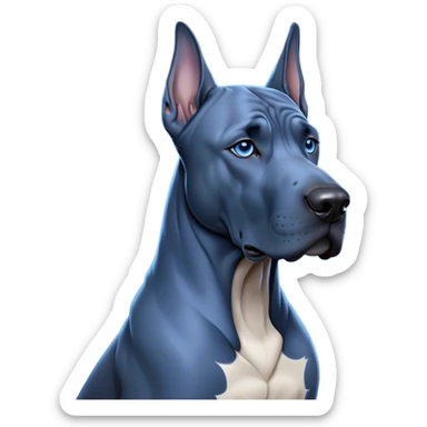 Cinematic Noble Blue Great Dane Portrait Emoji, Poised and regal, with a towering, muscular build and a sleek, well-groomed deep blue Fur, deep-set soulful steel-blue eyes, Simplified yet sharp and sophisticated features, highly detailed, glowing with a cool, dignified glow, high shine, intelligent and commanding, stylized with an air of majesty, focused and attentive, soft glowing outline, capturing the essence of a watchful and authoritative guardian, so majestic it feels as though it could stride out of the screen with effortless authority! sticker