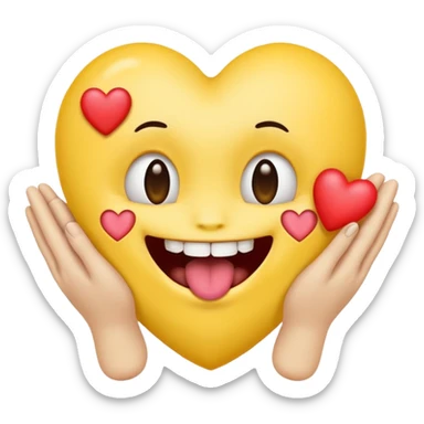 yellow emoji face holding a heart and hes so happy with so happy with teeth and tongue and toes growing out of the top of its head. his eyes have been plucked out and are now eyeless sockets. no eyes. emo hair sticker