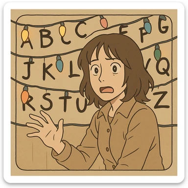 Joyce Byers trying to communicate with Will through Christmas lights on the wall, surprised expression, lights blinking, simple line art, light pastel tones, thick outlines, Ghibli style, 1:1 format sticker