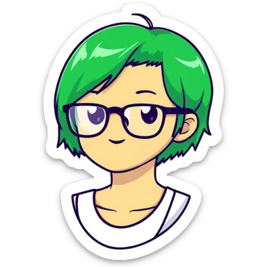Seele with green hair and glasses biting, cartoonish sticker style sticker