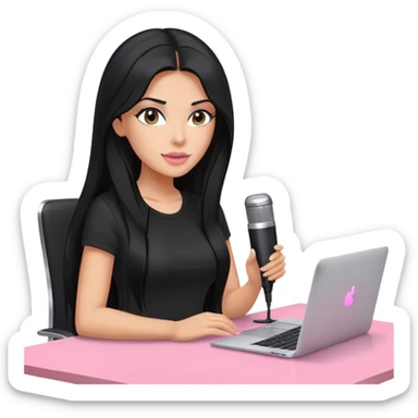 tanned long black hair woman, sat at desk with pink MacBook, podcast microphone black top and pink, sexy, glass table sticker