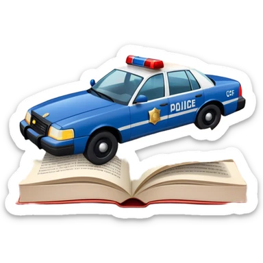 Icon for Action & Crime Reading: an open large book with text on the pages, a police car is driving out, with explosions behind, a helicopter flying above, a pistol with bullets in the front. The icon should capture the thrilling action and suspense of crime stories. Transparent background. sticker