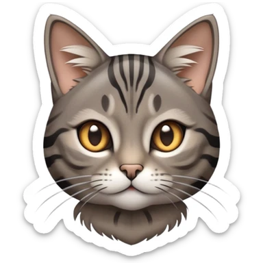 cinematic-cute-grey-and-black-brown-tabby-cat-portrait-emoji,-head-tilted-playfully-and-inquisitively,-sleek-grey-brown-fur-with-bold-black-tabby-stripes-and-a-distinctive-m-shaped-marking-on-the-forehead,-sparkling-amber-eyes,-simplified sticker