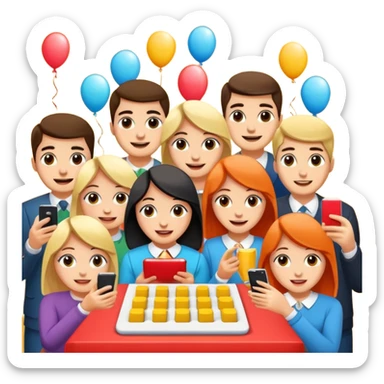 Party quiz with happy people with no phone writing blocks empty eyes sticker