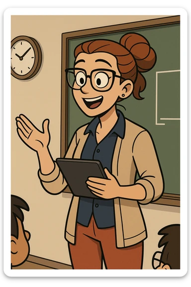 modern female teacher with glasses, using a tablet, casual but smart attire, engaging with students, cartoon style sticker