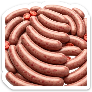 portion of raw sausage filling, coarse grind, pink-red meat, visible white fat, moist uneven texture, natural color variation, unprocessed look, clean 3D rendering, soft light, subtle shadow, no background elements, no anthropomorphic features, transparent background, emoji scale sticker