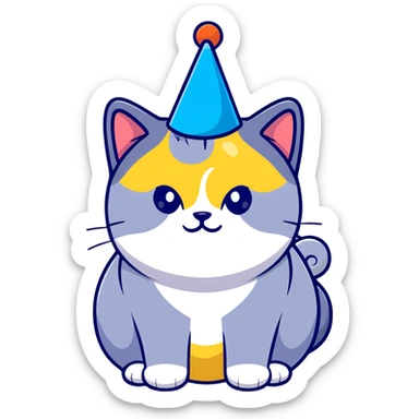 British shorthair blue cat with round face and chubby cheeks wearing a colorful birthday hat sticker