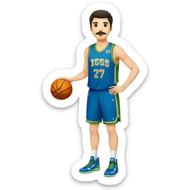 Full Body  white male basketball player with short shaggy dark hair and gold tee mustache wearing blue and green uniform sticker