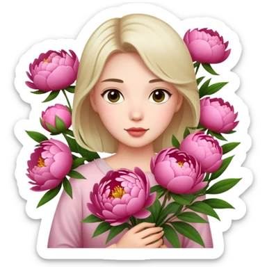 Upper body photo of a beautiful girl holding many peony flowers sticker
