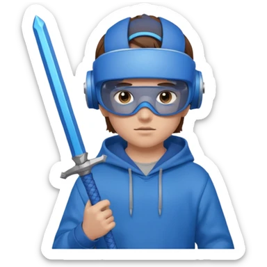 a boy with brown hair, a blue vr headset. a blue hoodie and a blue sword and remove the cap sticker
