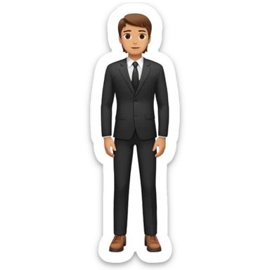 western Caucasian male, brown hair, standing wearing dark suit and shoes, with hands on hips sticker