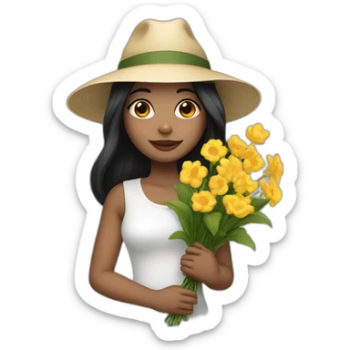 white skin, Girl with a hat, black hair straight to the shoulders, holding a bouquet of flowers sticker
