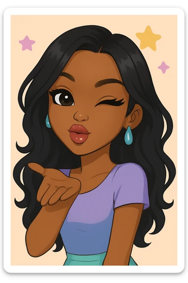 Make her wink while blowing a kiss, headshot only, keep her as a 20-year-old anime Bratz style woman with dark skin, dark hair, cute pastel Y2K look, big expressive eyes, glossy lips, and a happy expression. No tears. sticker