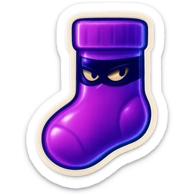 A neon-purple sock with a lurking face, wearing a spy mask, representing lurking or stealth. sticker