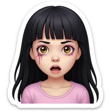 light-skinned Black zombie girl with long black hair and bangs, wearing a light pink blouse, with a surprised expression sticker
