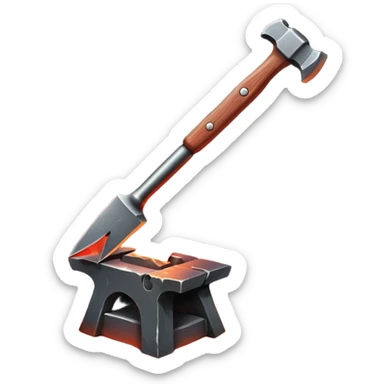 Blacksmithing icon, forged metal piece being shaped with hammer and anvil, glowing red-hot metal, blacksmith tools like tongs and chisel, sparks flying, minimalistic style, clean lines sticker