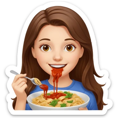 smiling white long brunette hair girl with hazel eyes eating pasta sticker
