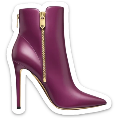 Hyper Realistic isolated side view,  Michael Kors plum color, luxury stiletto ankle bootie boots, gold side zipper sticker