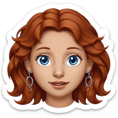 Create a custom emoji-style character inspired by a woman with medium length, wavy reddish-brown hair, light skin tone, dark blue eyes, a nose piercing on each nostril, and hoop earrings. Emphasize a mischievous expression. sticker