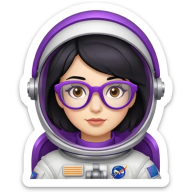 female astronaut with black hair brown eyes and purple glasses sticker