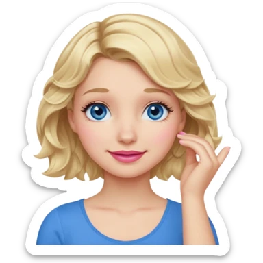 Girl Blonde short wavy hair,  blue eyes, cute blue top, long lashes, pink lips, smiling, 🤦🏻‍♀️ sticker