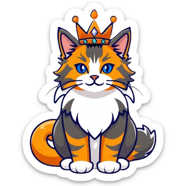 regal calico maine coon cat with orange, black and white fur wearing a jeweled crown sticker