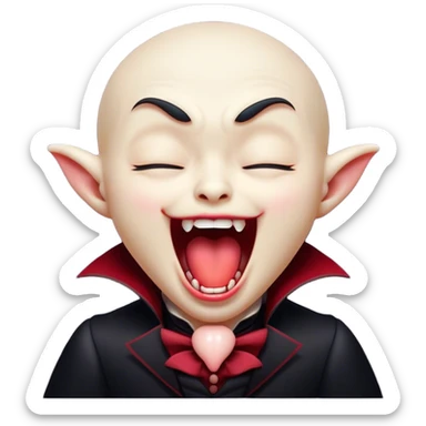 Cinematic Cute Yawning Vampire Portrait Emoji, with a small, rounded, charming pale face accented with tiny playful fangs and droopy, half-closed eyes, head tilted in an adorable wide yawn, dressed in miniature elegant dark attire with a hint of crimson, simplified yet irresistibly endearing, highly detailed with a soft, mysterious glow and gentle outline that captures the cute, drowsy side of an immortal! sticker