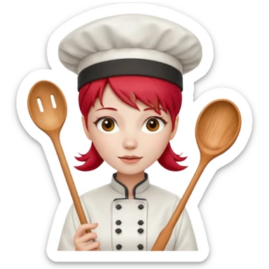 A woman with red Chinese hair and a chef's outfit, chef's hat and a wooden spoon sticker