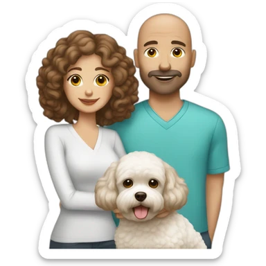 a bald man and brown haired woman with white maltipoo sticker