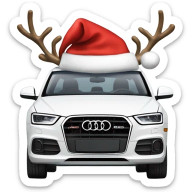 A white Audi Q3 as Santa Claus’s modern sleigh, harnessed to a reindeer with a red bridle and golden bells, set in a snowy winter scene. sticker