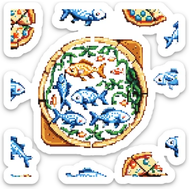 Fish pizza with fish toppings on a pizza crust, 8-bit style sticker