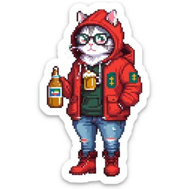 Catfish wearing red hooded winter jacket, round glasses, blue jeans, red boots, holding beer can with red label sticker