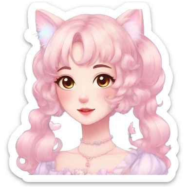 Gorgeous pastel anime style lady with blushing face and cat ears cottagecore fairycore pastelcore colorful pearly romantic simplistic aesthetic trending style sticker