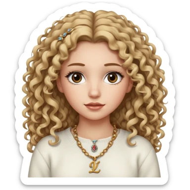 a dirty blonde girl with brown eyes and make her wearing a white sweater and a necklace with I intial with curly hair and white skin color, long hair and big lashes sticker