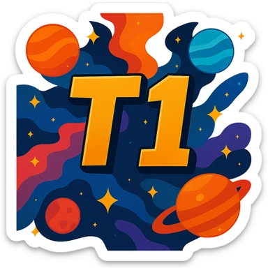Make the T1 text much larger, keep the space theme, and make the background transparent. sticker