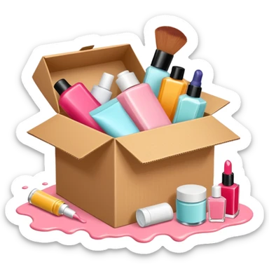 a cardboard box with assorted beauty products like compact, lotion, and nail polish spilling out with a blue background, variation 3 sticker