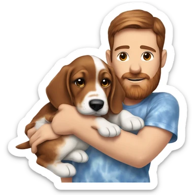 White male with short dark brown hair and reddish brown beard wearing a tie-dyed t-shirt cradling one mostly brown furred Bassett hound female puppy  sticker