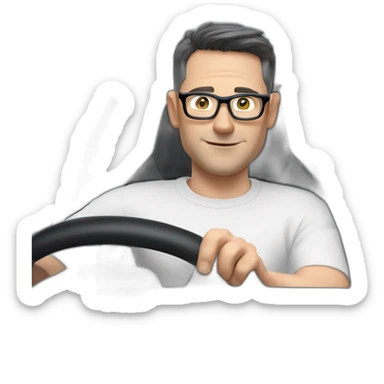 middle-age-lean-white-man-with-black-short-hair-&-glasses-wearing-blackt-shirt-inside-black-tesla-model-3, at the wheel, front view sticker