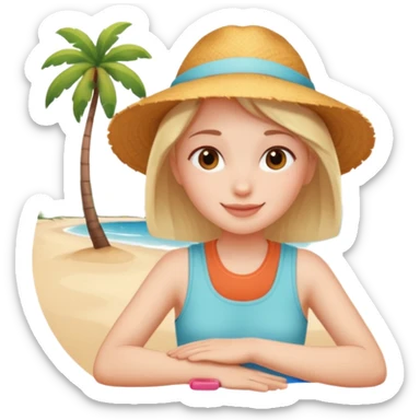 Emoji-style person relaxing on vacation, happy and content, rounded features, soft shading, sticker