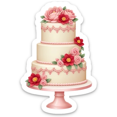Romantic pastel wedding cake with warm-colored pink and red flowers sticker