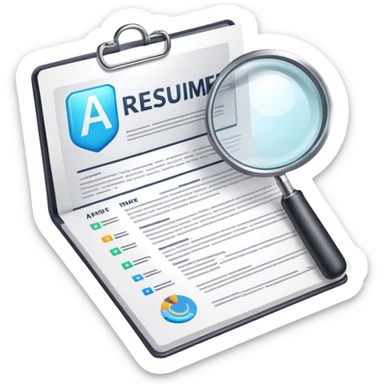 AI Resume Analyzer App logo with document and magnifying glass, 3D style sticker