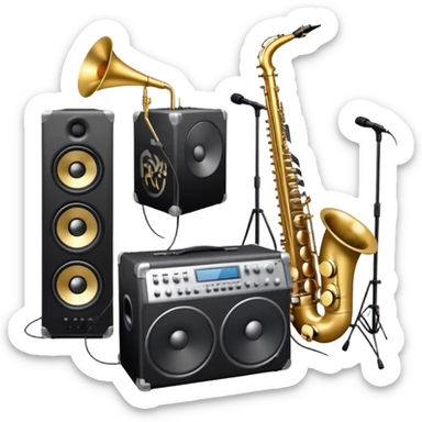 Icon for R&B Music Listening: large concert speakers and headphones with waves of musical notes coming out, along with drum kit, and synthesizer, saxophone and bass guitar. The icon should convey the energetic and rhythmic vibe of R&B music. Transparent background. sticker