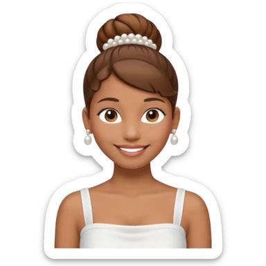 Light brown skin girl, brown hair in bun, smiling, white tube top, pearl earrings sticker