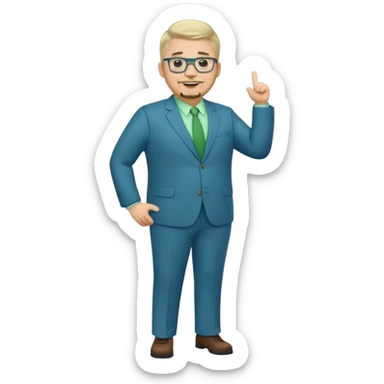 Full Body white male plus size wearing glasses with a goatee with light blonde and gray very short hair happy basketball head Coach in blue and green suit sticker