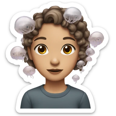 A girl with brown hair and gray eyes with a jellyfish on her head sticker