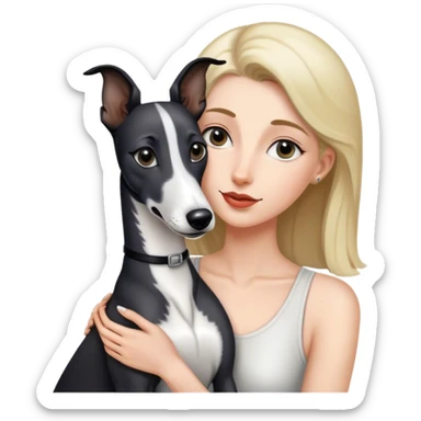 A black and white greyhound sniffing a woman sticker